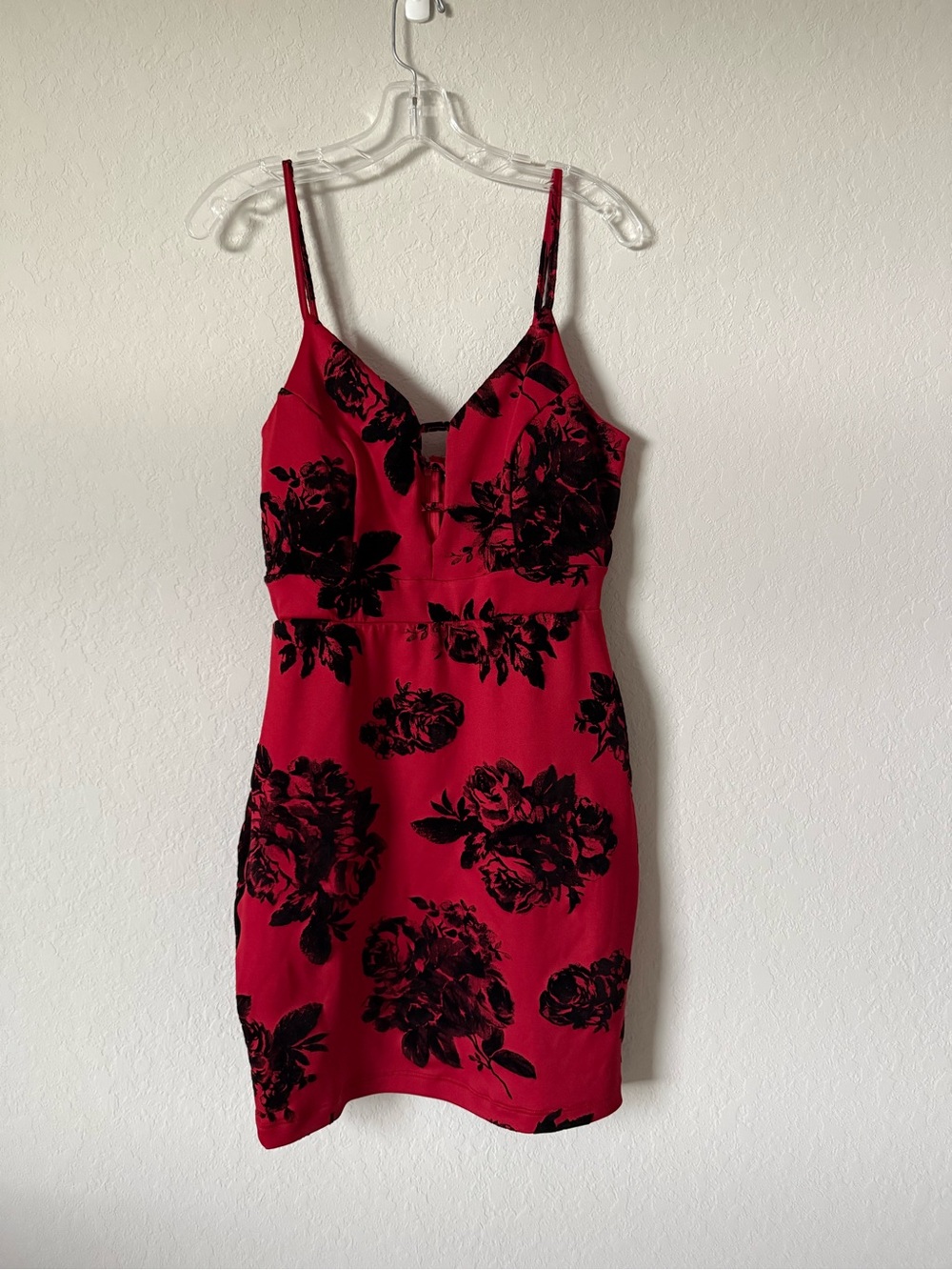 Haute Monde Red Mini Dress with Black Floral Velvet Print